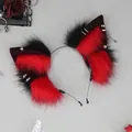 Gothic red and black faux fur animal ears headband with metal rings and studs SKU - Kurumi-Red