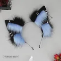 Tokisaki blue style faux fur wolf ears headband with gothic metal piercings and chains - Kurumi-Blue