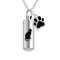 Silver cylindrical pet cremation urn necklace with cat silhouette and paw charm - Cat Silhouette Style / Silver (Cylindrical)