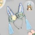 Handmade light blue plush rabbit ear headband decorated with flowers and long silk tassels - Yuehan Rabbit Ear - Blue