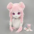 Ensemble de tête de fursuit chien rose et blanc avec tresses et pupilles en cœur - Tête Seule / Rose