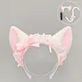 Conjunto de diadema de orejas de gato Lolita rosa y blanco con lazos de encaje. - Solo Diadema (Gato Cruasán) / Blanco Rosa