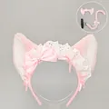 Diadema de orejas de gato Lolita rosa con encaje y conjunto de cola de felpa a juego - Solo Diadema (Gato Cruasán) / Rosa Blanco