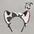 Conjunto de diadema de orejas de gato Lolita con encaje blanco y lazos rosas dulces - Solo Diadema (Gato Cruasán) / Negro Rosa