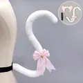 White plush Lolita cat tail and ears accessory set with pink bows and tiny bells - Tail Only (Croissant Cat) / White Pink