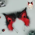 Diadema de orejas de lince de felpa roja y negra hecha a mano para cosplay y disfraces - Negro Rojo