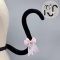Sweet Lolita black plush cat tail with pink ribbon bow and golden bell cosplay set - Tail Only (Croissant Cat) / Black Pink