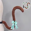 Brown plush Lolita cat ears and tail cosplay set decorated with light blue ribbon bows - Tail Only (Croissant Cat) / Mint Chocolate