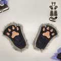 Grey and black furry wolf paw gloves with matching ears and tail for werewolf cosplay costume - Gloves (Kuángláng Mèiyǐng) / One Size / Dark Khaki