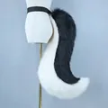 Fluffy black and white fursuit wolf tail cosplay prop with adjustable waist belt - Wolf Tail Type B / Black Beige