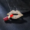 Detail of creative lipstick and lips brooch with sparkling clear and red rhinestones - Silver Lips Lipstick