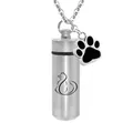 Silver cylinder pet cremation urn necklace with cat engraving and black paw charm - Silver Cylinder / Silver