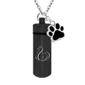 Black cylindrical pet cremation urn pendant with cat engraving and paw charm - Black