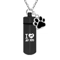 Black cylinder pet cremation urn necklace with dog paw charm and I My Dog print - Black Cylinder