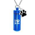 Blue aluminum cylindrical pet cremation urn necklace featuring dog paw charm and text - Blue Cylinder