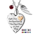 Heart-shaped stainless steel dog cremation necklace with angel wing and 12 birthstone charms - Aunt Memorial Style / Silver
