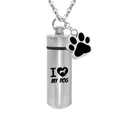 Silver cylindrical dog memorial urn necklace with I Love My Dog engraving and paw charm - Silver Cylinder