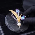 Elegant purple tulip flower brooch with gold leaf and white pearl for women's suits - Purple Double Bud Pearl Style (Gold 825234)