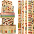 Set of 5 retro gift wrapping paper rolls featuring Happy Birthday and star patterns - Happy Birthday 5-Roll Set / 43cmx3m/Roll (5 Rolls Total)