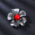 Vintage silver flower brooch with a red center bead and rhinestone accents for suit lapels - Five-Petal Flower Red Bead / Antique Silver, Red
