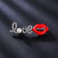 Elegant vintage rhinestone Love brooch featuring red enamel lips and a white pearl - LOVE Hot Lips / Antique Silver, Red