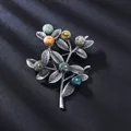 Vintage branch brooch with antique silver finish and colorful stone berries - Branches Color Stone Beads / Antique Tin, Multi-color