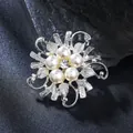 Elegant silver floral brooch featuring five white pearls and central rhinestone accent - Silver Pearl Flower