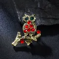 Elegant vintage gold alloy owl brooch pin with vibrant red and green rhinestones - Antique Bronze Owl