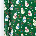 Festive green Christmas gift wrapping paper with snowman patterns and Merry Xmas text - Snowman Adventure / 0.43*3 Meters