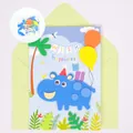 Handgefertigte 3D-Nilpferd-Grußkarte mit Bastelzubehör und grünem Briefumschlag - Blaues Flusspferd Mit Ballon Stil