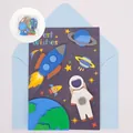 Handgemachtes Cartoon-Astronauten-3D-Grußkartenset mit blauem Umschlag und DIY-Aufklebern - Weltraumrakete Stil