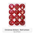 Set of 12 red Christmas themed cartoon stickers for holiday gift box and envelope decoration - Christmas Sticker - Red Cartoon / Red