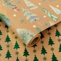 Papel de regalo de Navidad de kraft de doble cara con árboles de acuarela y estrellas. - Pino Verde