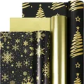 Premium goudfolie kerstcadeaupapier rollen met zwarte boom- en sneeuwvlokpatronen - Set 3 (3-Rollenset)
