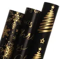 Premium zwart en goud luxe kerstcadeaupapier rollen met sneeuwvlok- en boompatronen - Set 4 (3 Rollen)