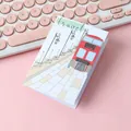 Cute travel-themed greeting card featuring a red bus illustration on pink background - Train