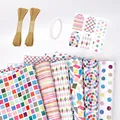 Set of colorful geometric pattern gift wrapping paper with twine, tape, and gift tags - Set A (6 Different Sheets + Accessories)