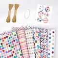 Colorful geometric wrapping paper set including twine, double-sided tape and stickers. - Set B (6 Different Sheets + Accessories)
