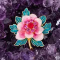 Elegant peony flower brooch with pink enamel petals and sparkling red rhinestones - Gradient Pink Vintage Peony Style (825198)