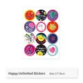 Vibrant colorful cartoon birthday stickers for gift box decoration, sheet size 13x18cm - Infinite Happiness Multi-Theme Style / Set of 12 (13x18cm)