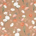Close-up of vintage kraft gift wrap featuring a detailed floral daisy and orange flower pattern - Birthday Series - Warm Orange Wild Fun / Roll; 43cm*3m