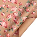 Vintage Geschenkpapierrolle aus braunem Kraftpapier mit elegantem rosa Rosenmuster - Karminrote Rose