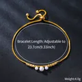Close-up of gold copper bracelet featuring three pearls and adjustable sliding clasp - Three Artificial Pearls Style (SL363-2)