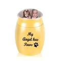 Goldene Tierurne für Asche Gedenkstätte mit My Angel has Paws Gravur und Fotofach - Goldgelb