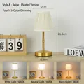 Elegant beige pleated fabric table lamp with gold base and three adjustable light modes - Style A (Beige Pleated) / 3-Color Stepless Dimming Rechargeable