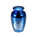 Small blue metallic memorial cremation urn with engraved heart and wings design - Sapphire Blue