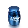 Small blue metallic memorial urn with My Little Angel engraving and butterfly, 30x40mm. - Sapphire Blue