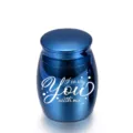 Blue stainless steel pet cremation urn memorial engraved with 'I carry You with me' text - Sapphire Blue