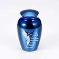 Blue metallic pet cremation urn with engraved feather and birds, SKU variant view. - Sapphire Blue