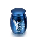 Elegant small blue metallic pet cremation urn with feather and memorial text engraving - Sapphire Blue